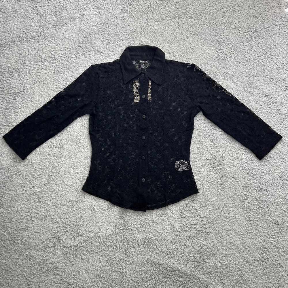 Guess U.S.A. Black Lace Fitted 3/4‎ Button Nylon Top Women's Size S VTG NWT